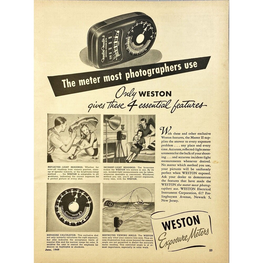Weston Exposure Meters "Gives You 4 Essential Features" Vintage Print Ad 1949